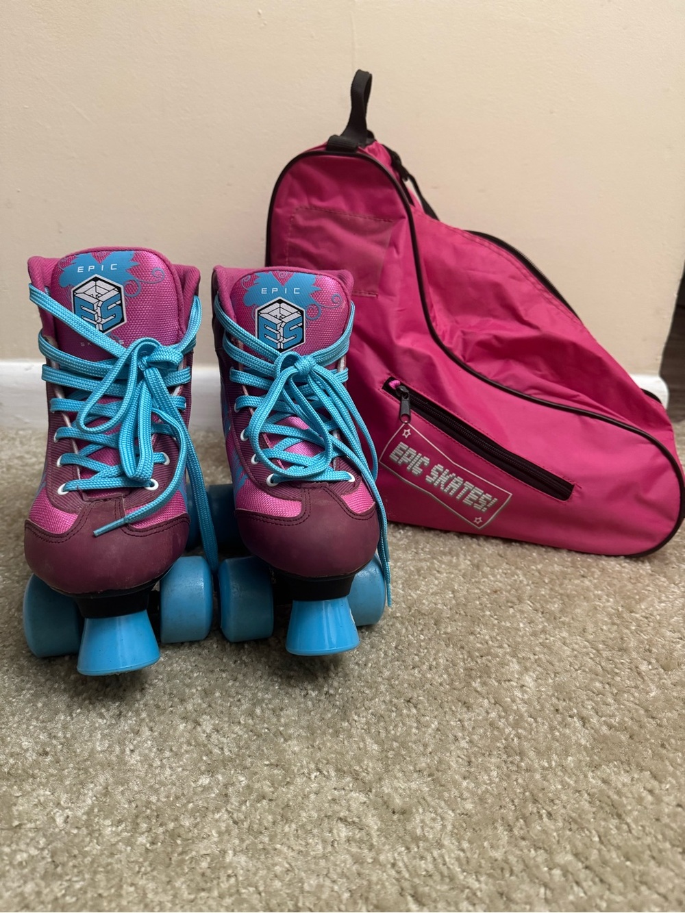 Epic Skates Girls' Pink Roller Skates with Blue Wheels & Carry Bag